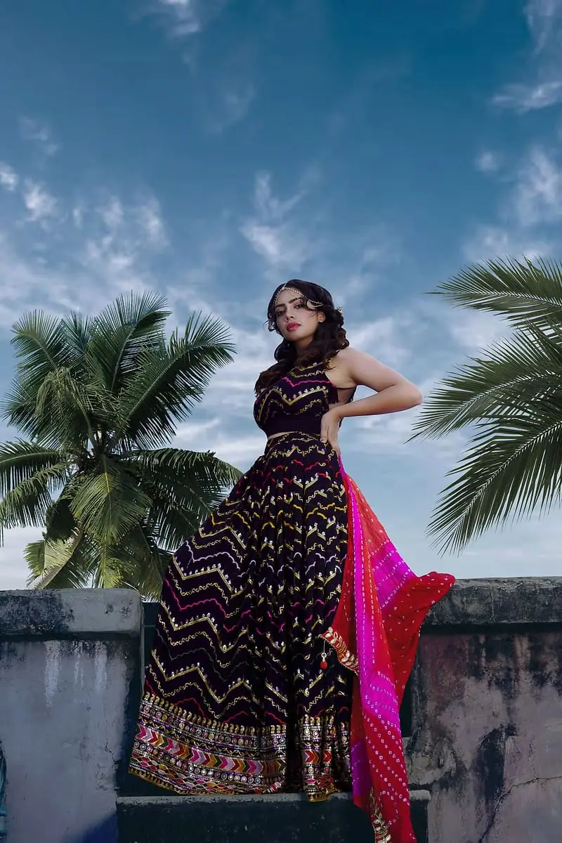 Leheriya - Navy Bandhani Print Lehenga